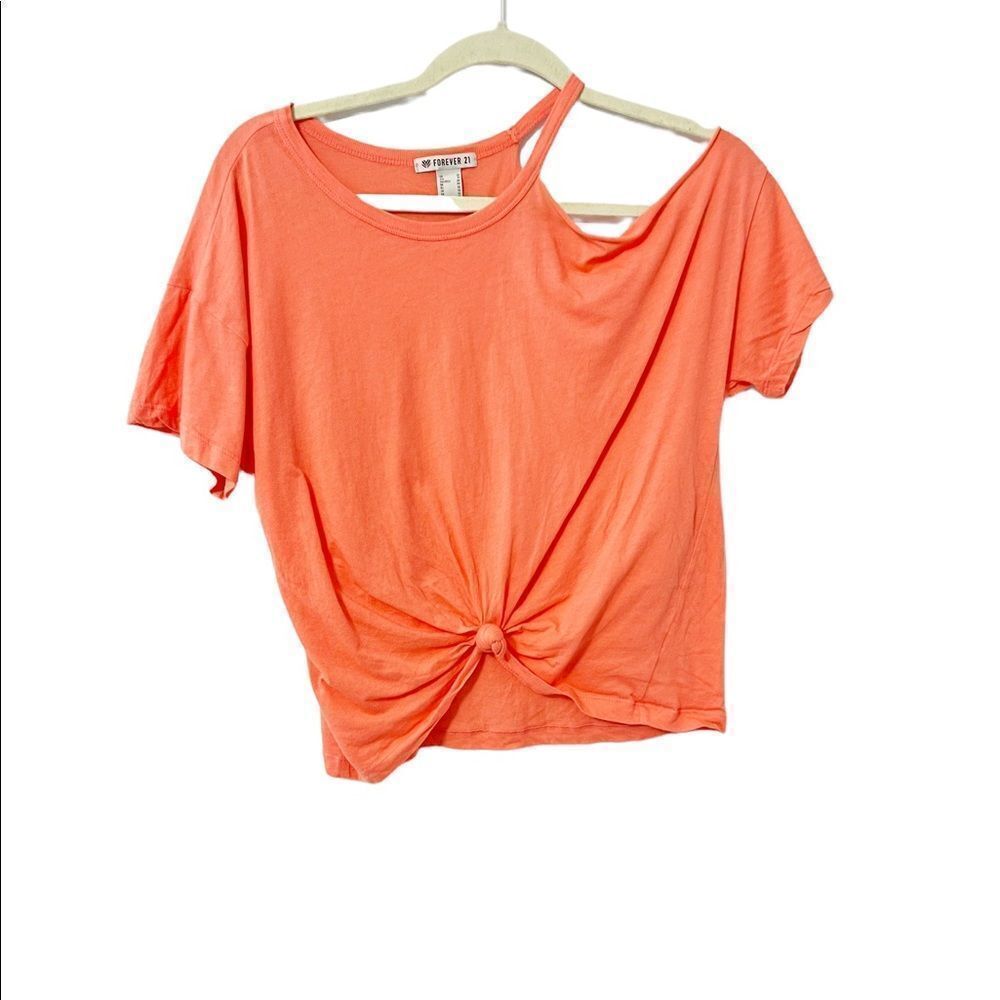 🟢Forever21 Coral Shoulder Cut Out Front Knot Oversized Cropped Top Sz XS